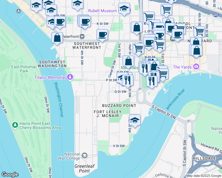 map of restaurants, bars, coffee shops, grocery stores, and more near 1534 2nd Street Southwest in Washington