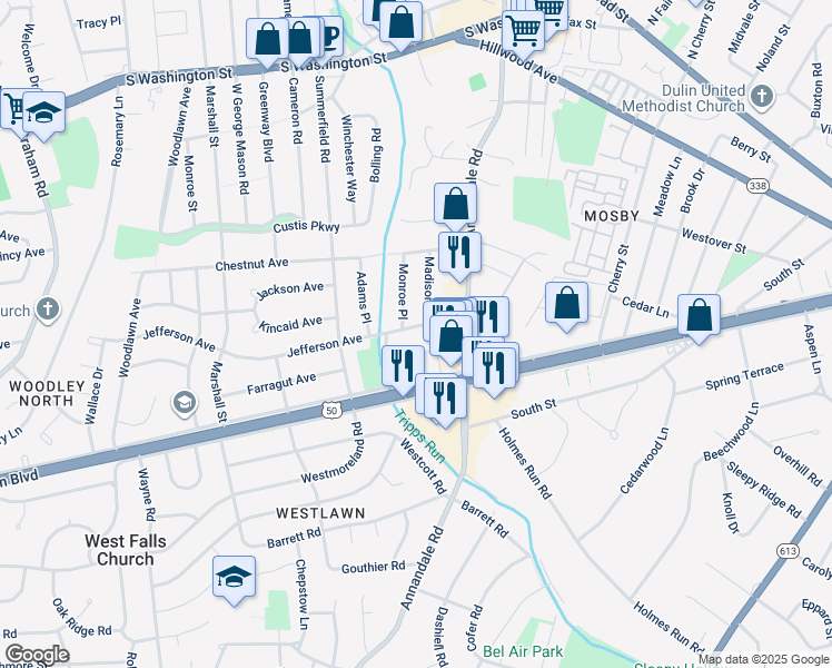 map of restaurants, bars, coffee shops, grocery stores, and more near 6703 Jefferson Avenue in Falls Church