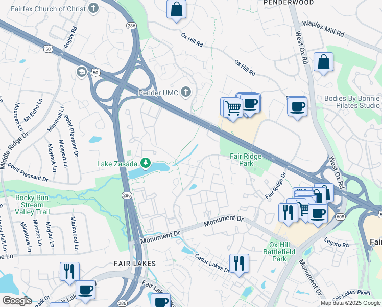 map of restaurants, bars, coffee shops, grocery stores, and more near 4020 Dorforth Drive in Fairfax