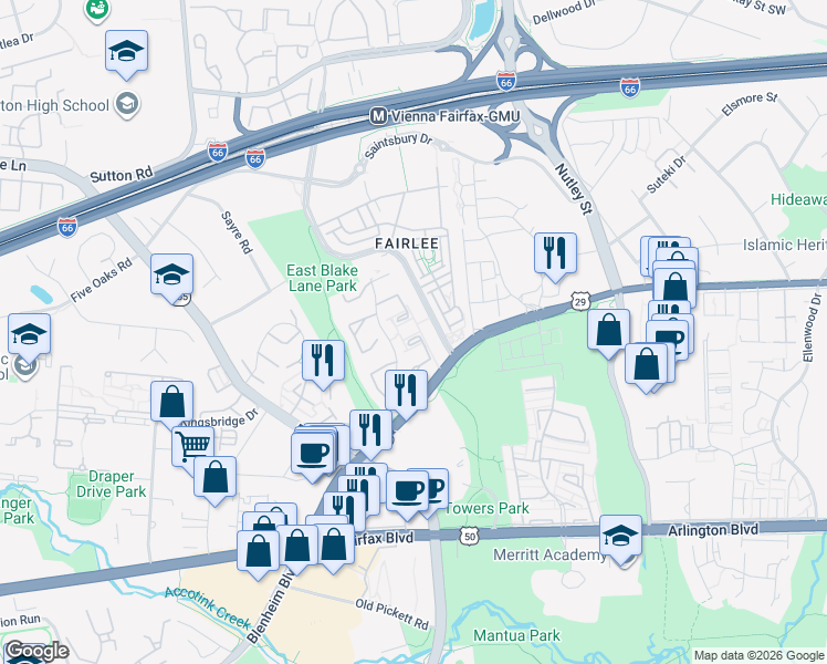 map of restaurants, bars, coffee shops, grocery stores, and more near 3011 White Birch Court in Fairfax
