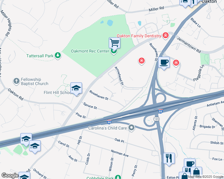map of restaurants, bars, coffee shops, grocery stores, and more near 10706 Dudley Court in Fairfax
