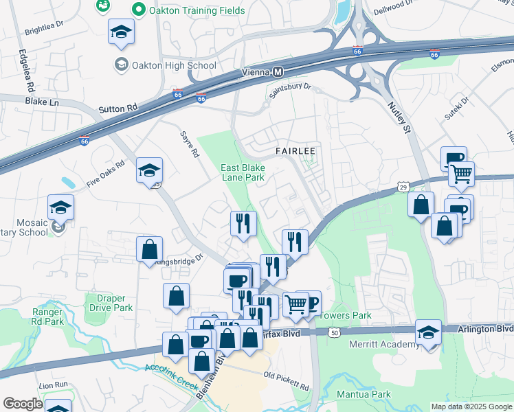 map of restaurants, bars, coffee shops, grocery stores, and more near 3044 Winter Pine Court in Fairfax