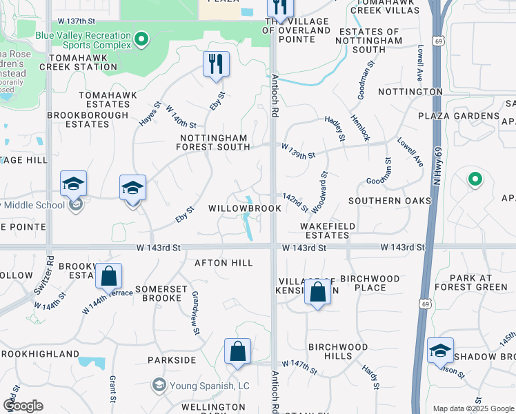 map of restaurants, bars, coffee shops, grocery stores, and more near 14208 Slater Street in Overland Park