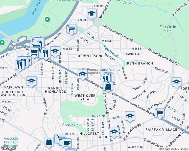 map of restaurants, bars, coffee shops, grocery stores, and more near 3108 Q Street Southeast in Washington