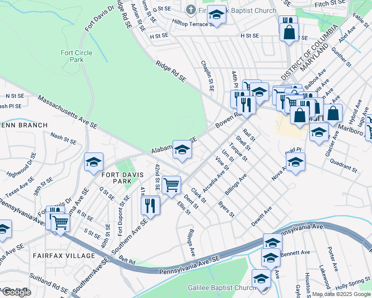 map of restaurants, bars, coffee shops, grocery stores, and more near 4147 Alabama Avenue Southeast in Washington