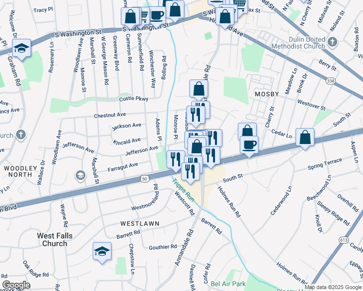 map of restaurants, bars, coffee shops, grocery stores, and more near 6703 Jefferson Avenue in Falls Church