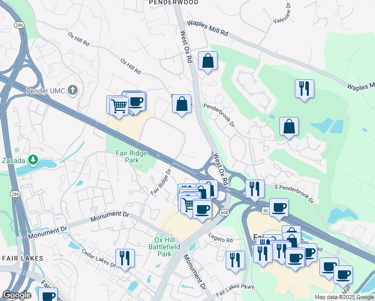 map of restaurants, bars, coffee shops, grocery stores, and more near 3997 Fair Ridge Drive in Fairfax