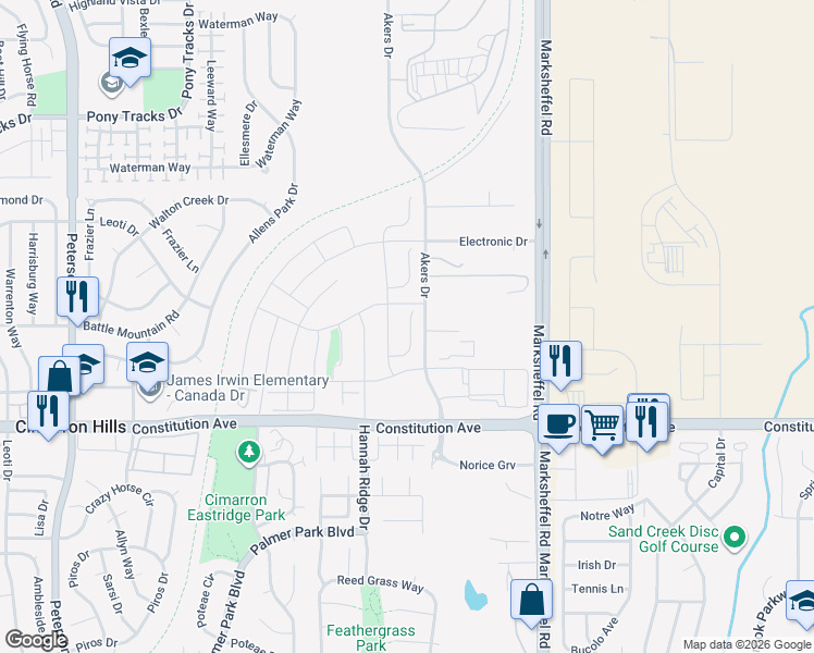 map of restaurants, bars, coffee shops, grocery stores, and more near 2656 Farrier Court in Colorado Springs