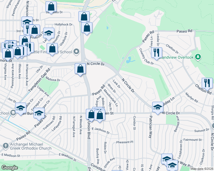 map of restaurants, bars, coffee shops, grocery stores, and more near 2750 Wren Dr in Colorado Springs