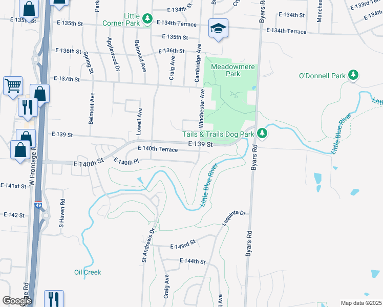 map of restaurants, bars, coffee shops, grocery stores, and more near 6903 East 140th Terrace in Grandview