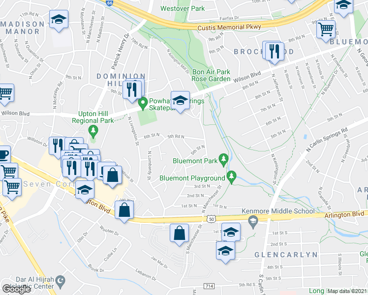 map of restaurants, bars, coffee shops, grocery stores, and more near 510 North Montana Street in Arlington