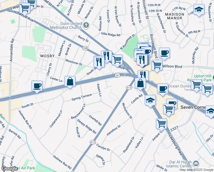 map of restaurants, bars, coffee shops, grocery stores, and more near 6400 Seven Oaks Court in Falls Church