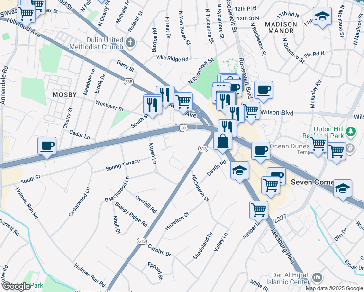 map of restaurants, bars, coffee shops, grocery stores, and more near 6408g Seven Corners Place in Falls Church