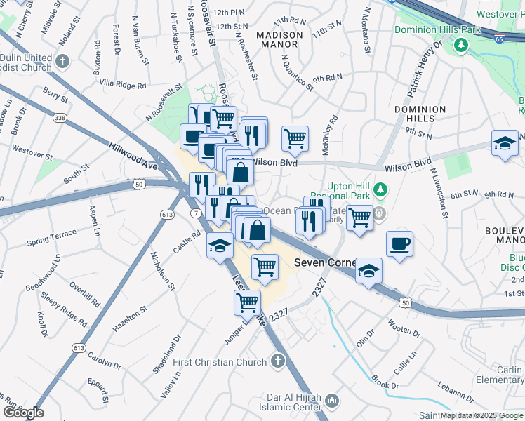 map of restaurants, bars, coffee shops, grocery stores, and more near 2930 Peyton Randolph Dr in Falls Church