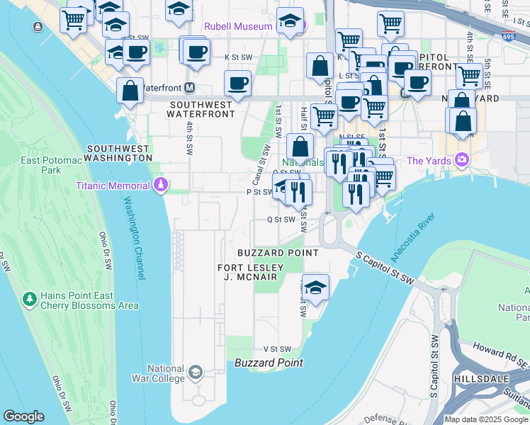 map of restaurants, bars, coffee shops, grocery stores, and more near 129 Q Street Southwest in Washington