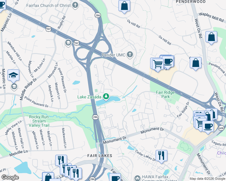 map of restaurants, bars, coffee shops, grocery stores, and more near 12504 N Lake Ct in Fairfax