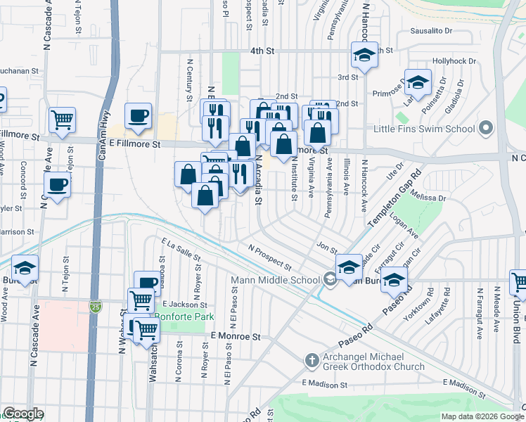 map of restaurants, bars, coffee shops, grocery stores, and more near 2819 North Arcadia Street in Colorado Springs