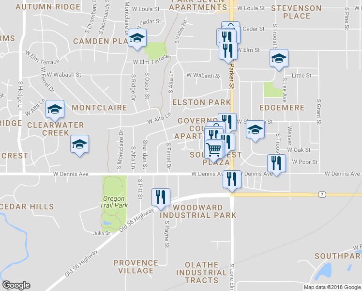 map of restaurants, bars, coffee shops, grocery stores, and more near 905 South Edgebrook Lane in Olathe