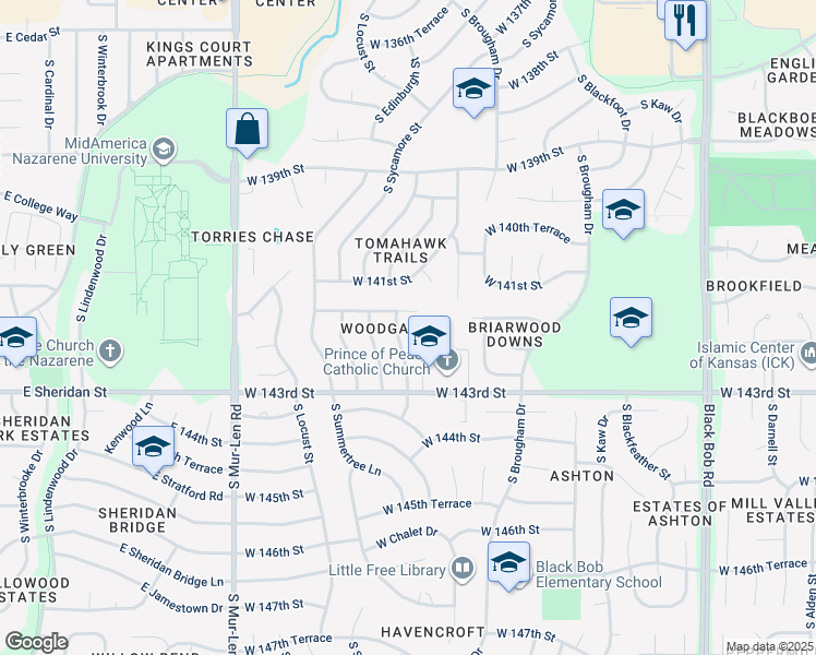 map of restaurants, bars, coffee shops, grocery stores, and more near 14117 South Cottonwood Drive in Olathe