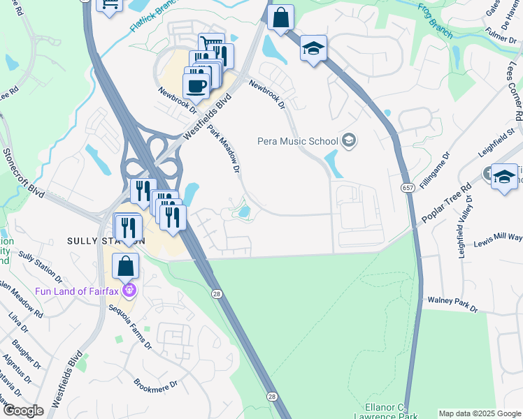 map of restaurants, bars, coffee shops, grocery stores, and more near 4701 Meadow Wood Lane in Chantilly