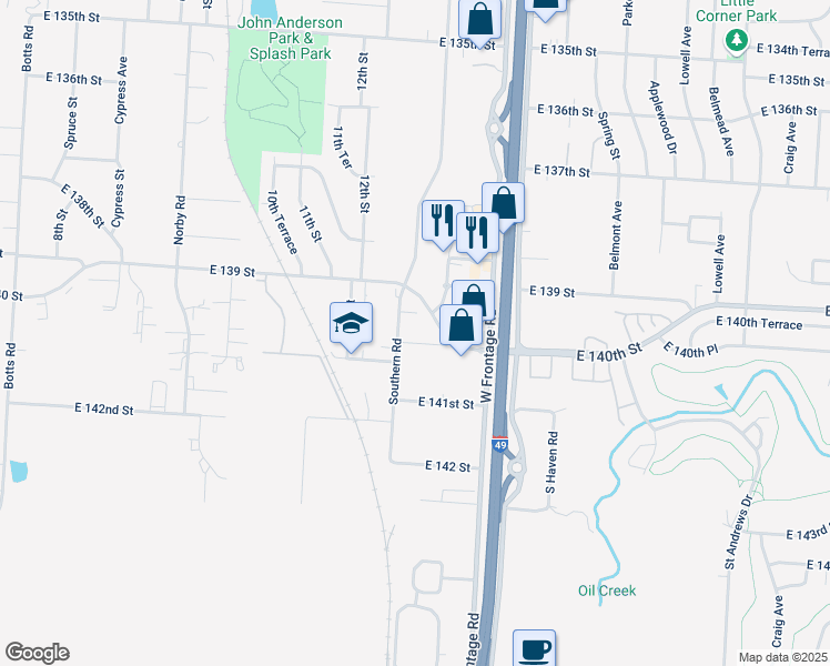 map of restaurants, bars, coffee shops, grocery stores, and more near 5600 East 140 Street in Grandview