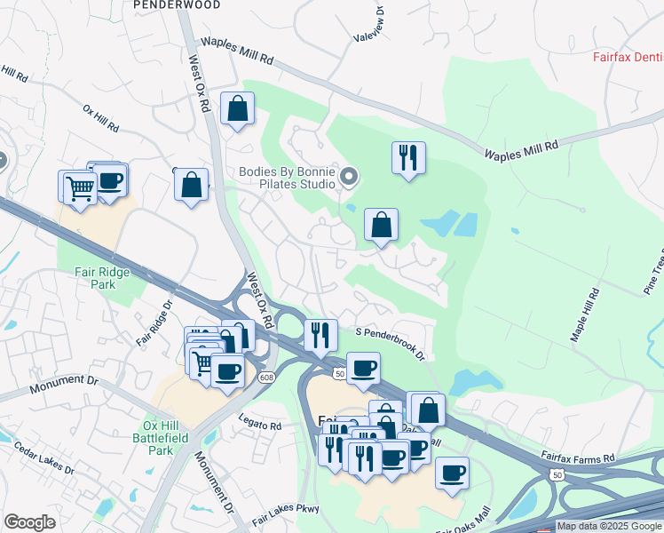 map of restaurants, bars, coffee shops, grocery stores, and more near 3800 Ridge Knoll Court in Fairfax
