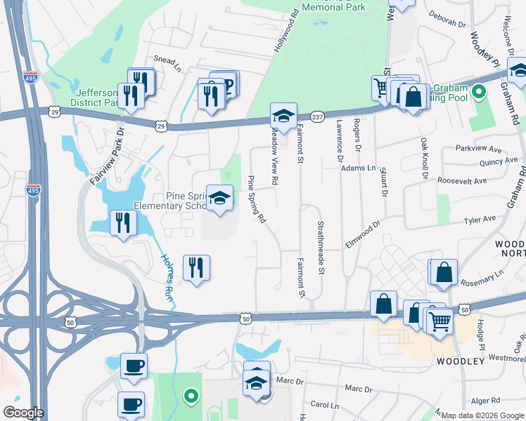 map of restaurants, bars, coffee shops, grocery stores, and more near 2923 Pine Spring Road in Falls Church
