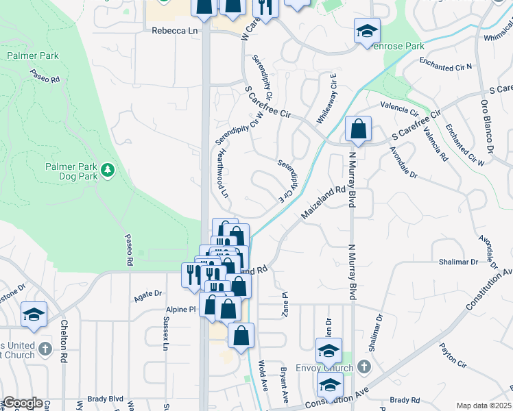 map of restaurants, bars, coffee shops, grocery stores, and more near 3823 Windsong Court in Colorado Springs