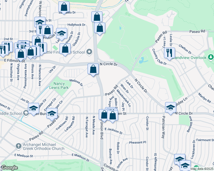 map of restaurants, bars, coffee shops, grocery stores, and more near 2719 North Union Boulevard in Colorado Springs