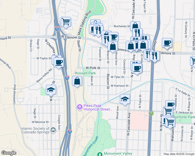 map of restaurants, bars, coffee shops, grocery stores, and more near 413 West Tyler Street in Colorado Springs