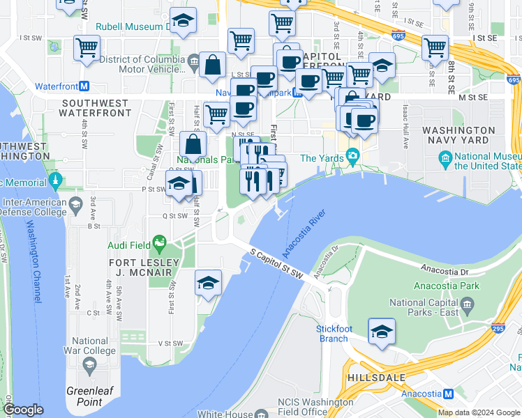 map of restaurants, bars, coffee shops, grocery stores, and more near 101 Independence Avenue Southeast in Washington