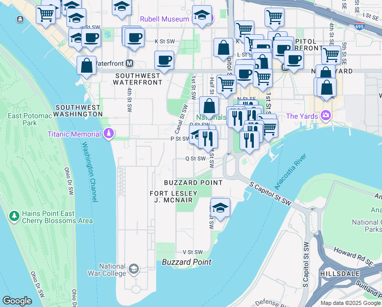 map of restaurants, bars, coffee shops, grocery stores, and more near 101 Independence Avenue Southeast in Washington