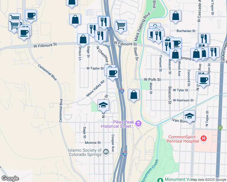 map of restaurants, bars, coffee shops, grocery stores, and more near 2725 Green Ridge Drive in Colorado Springs