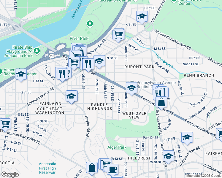 map of restaurants, bars, coffee shops, grocery stores, and more near 1515 28th Place Southeast in Washington