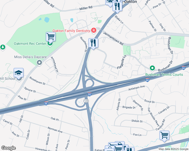 map of restaurants, bars, coffee shops, grocery stores, and more near 10457 Red Granite Terrace in Oakton