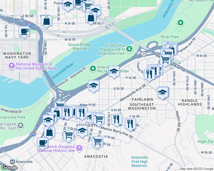 map of restaurants, bars, coffee shops, grocery stores, and more near 1527 17th Street Southeast in Washington