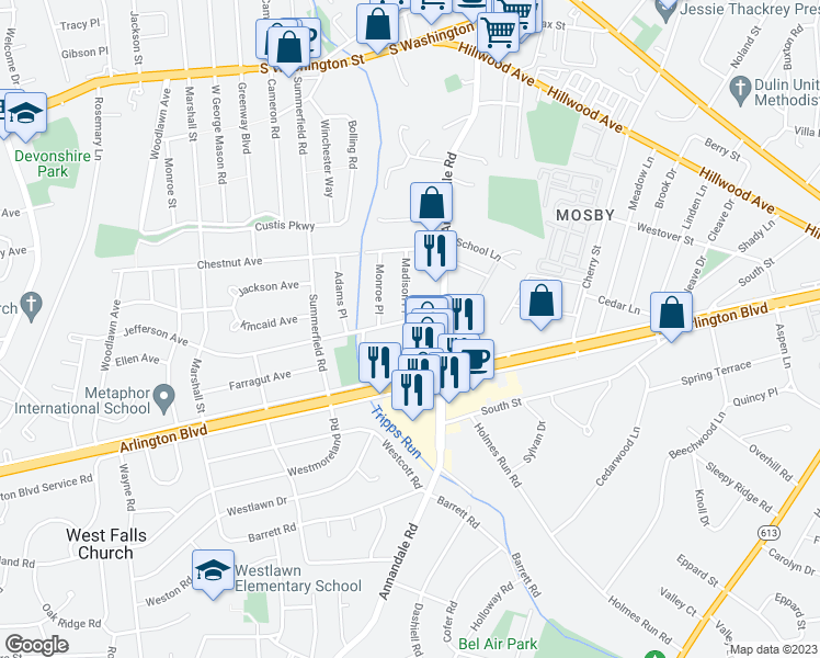 map of restaurants, bars, coffee shops, grocery stores, and more near 6659 Jefferson Avenue in Falls Church