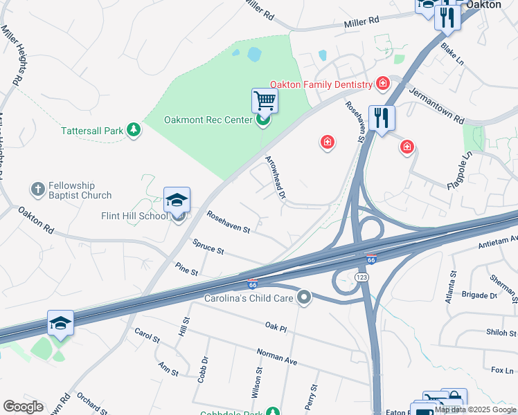 map of restaurants, bars, coffee shops, grocery stores, and more near 10706 Dudley Court in Fairfax