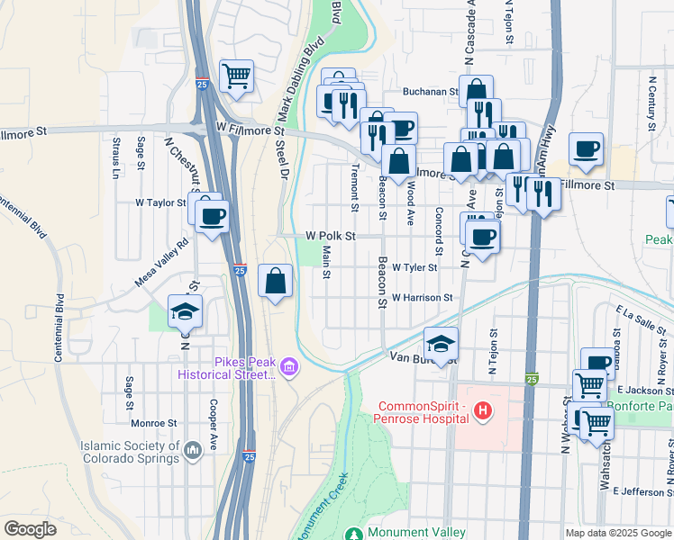 map of restaurants, bars, coffee shops, grocery stores, and more near 413 West Tyler Street in Colorado Springs