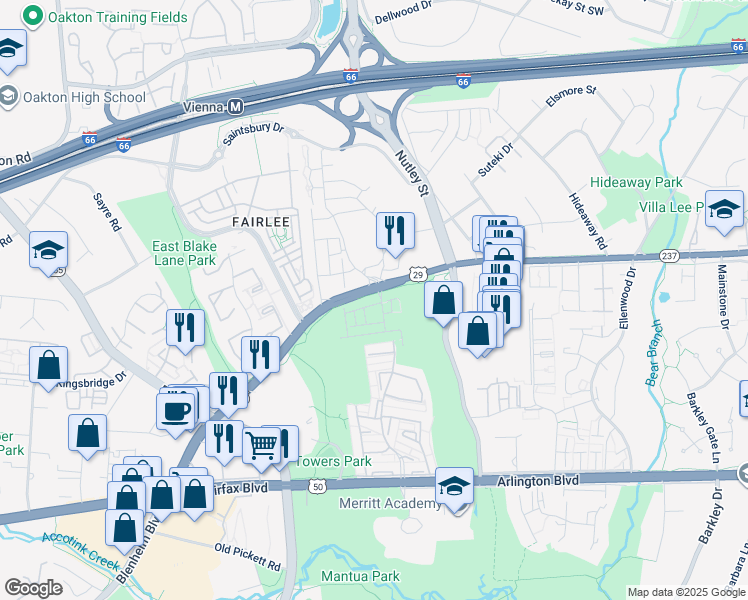 map of restaurants, bars, coffee shops, grocery stores, and more near 9318 Sweetbay Magnolia Court in Fairfax