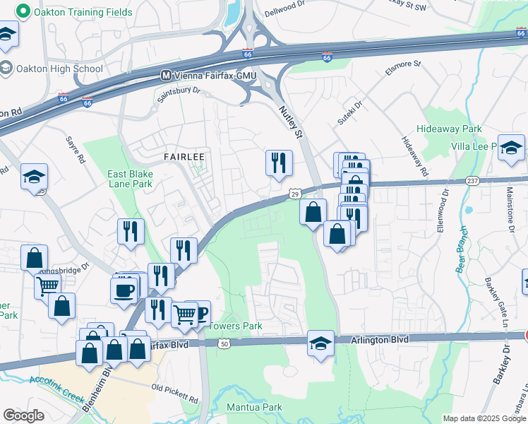 map of restaurants, bars, coffee shops, grocery stores, and more near 9318 Sweetbay Magnolia Court in Fairfax