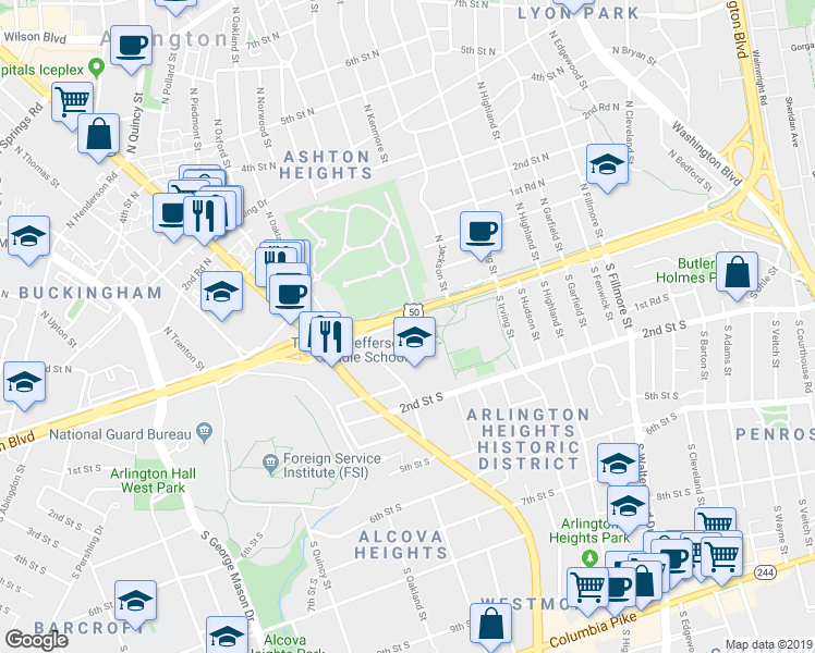 map of restaurants, bars, coffee shops, grocery stores, and more near 3500 Arlington Boulevard in Arlington
