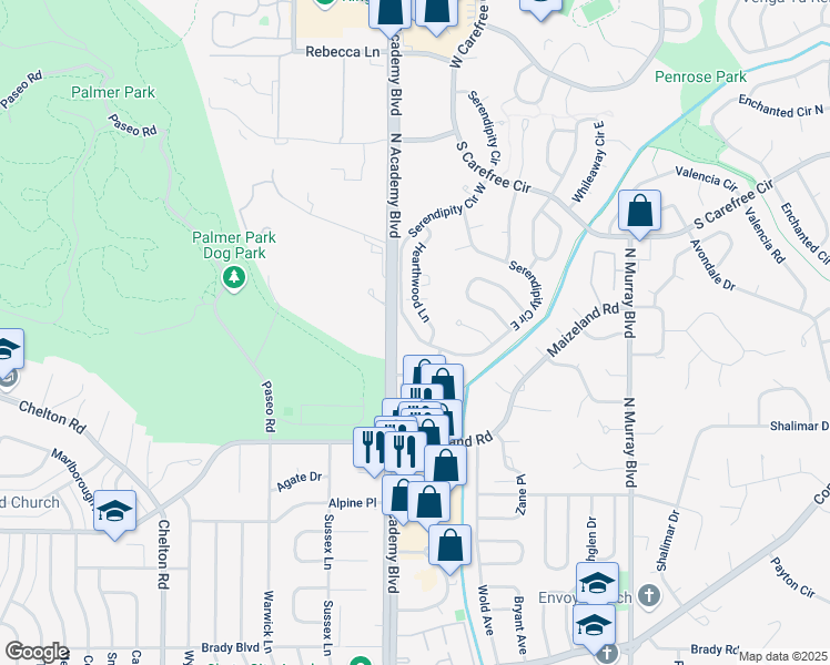 map of restaurants, bars, coffee shops, grocery stores, and more near 2618 Serendipity Circle West in Colorado Springs