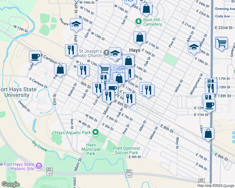 map of restaurants, bars, coffee shops, grocery stores, and more near 117 East 9th Street in Hays