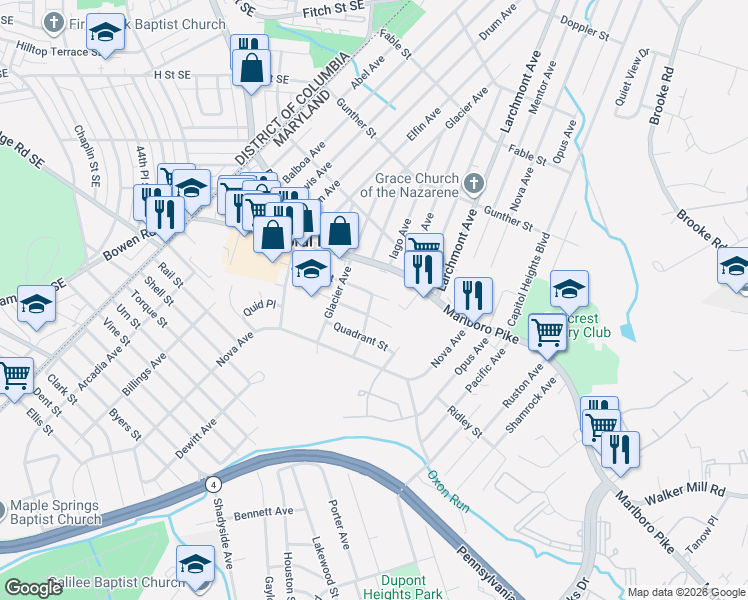 map of restaurants, bars, coffee shops, grocery stores, and more near 4715 Boosa Street in Capitol Heights