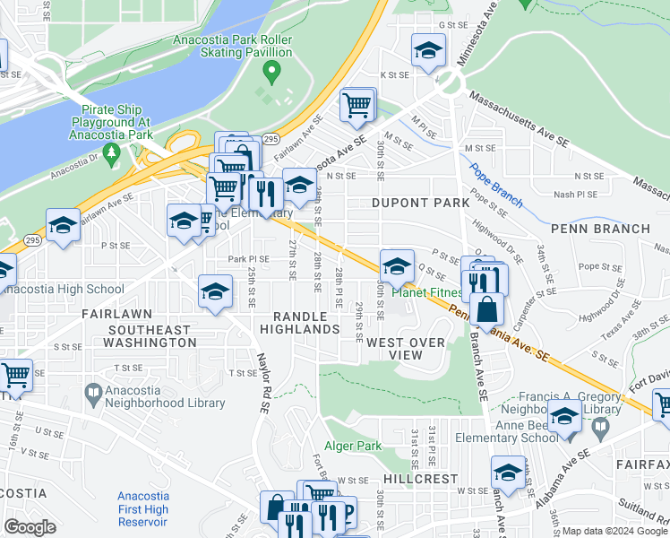 map of restaurants, bars, coffee shops, grocery stores, and more near 1515 28th Place Southeast in Washington
