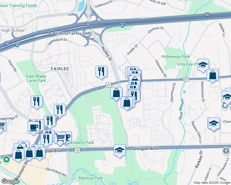 map of restaurants, bars, coffee shops, grocery stores, and more near 3050 Nutley Street Southwest in Fairfax
