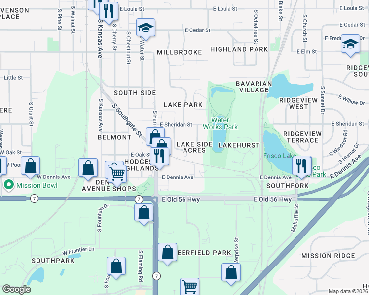 map of restaurants, bars, coffee shops, grocery stores, and more near 508 East Oak Street in Olathe