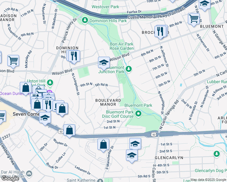 map of restaurants, bars, coffee shops, grocery stores, and more near 5911 5th Street North in Arlington