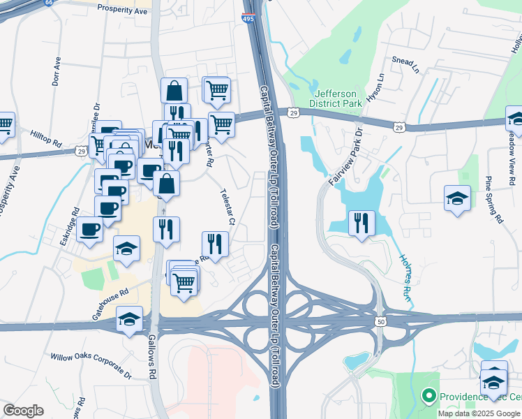 map of restaurants, bars, coffee shops, grocery stores, and more near 2900 Kings Chapel Road in Falls Church